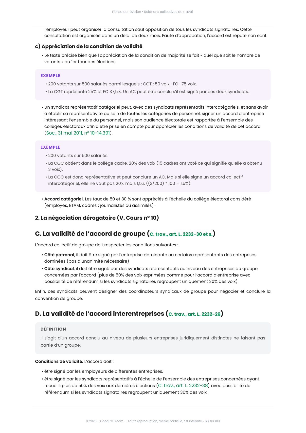 Extrait des fiches de révision de Relations collectives de travail : fiche n°13, La conclusion des accords collectifs (page 2)