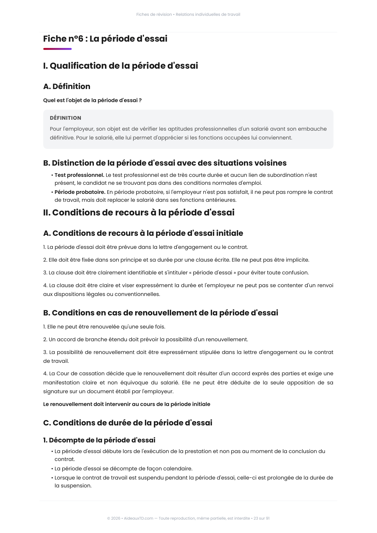 Extrait des fiches de révision de Relations individuelles de travail : fiche n°6, La période d'essai (page 1)