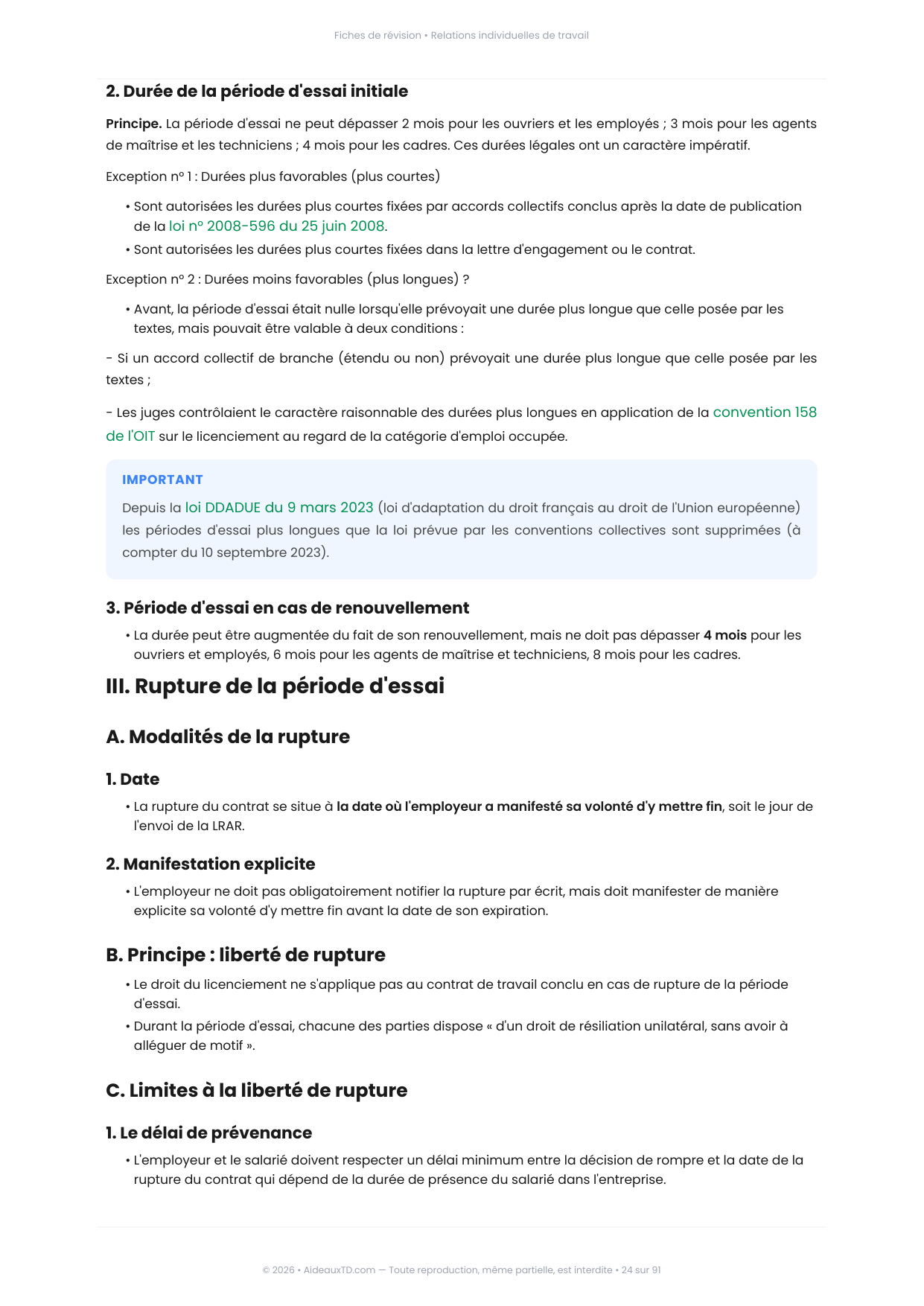 Extrait des fiches de révision de Relations individuelles de travail : fiche n°6, La période d'essai (page 2)