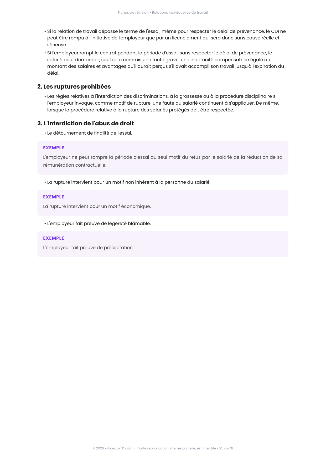 Extrait des fiches de révision de Relations individuelles de travail : fiche n°6, La période d'essai (page 3)