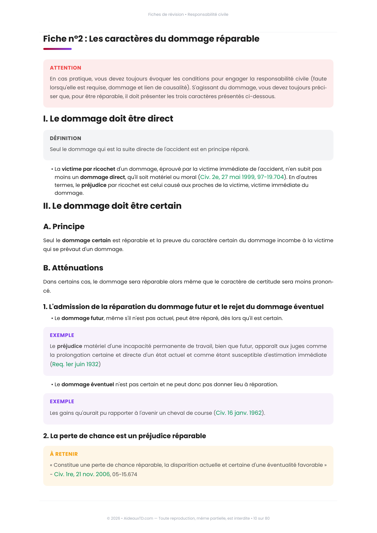 Extrait des fiches de révision de Responsabilité civile : fiche n°2, Les caractères du dommage réparable (page 1)