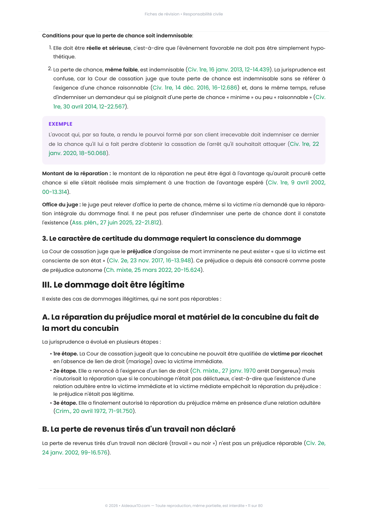 Extrait des fiches de révision de Responsabilité civile : fiche n°2, Les caractères du dommage réparable (page 2)