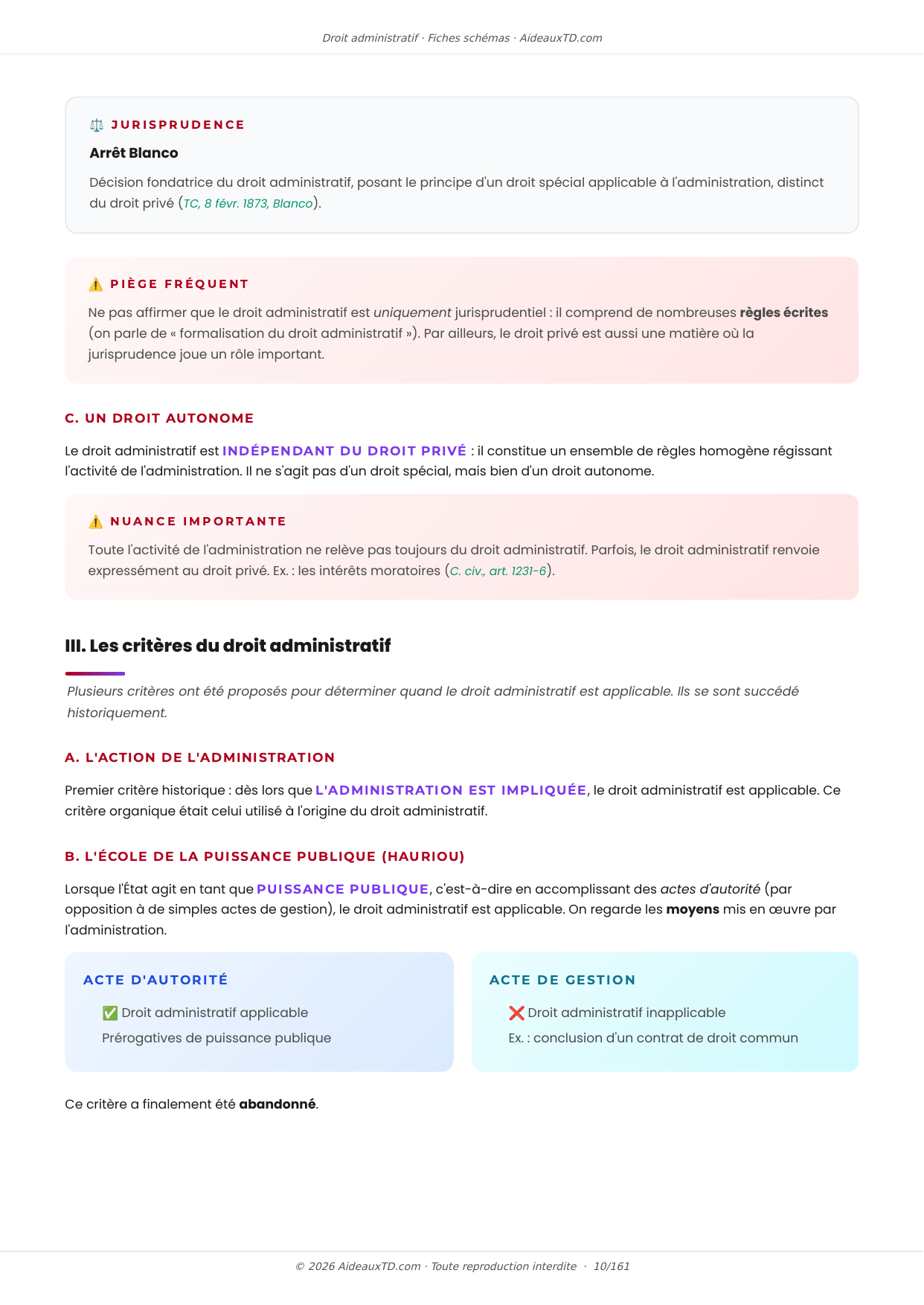 Extrait des fiches schémas de Droit administratif : fiche n°2, Notion critères et caractères du droit administratif (page 2)