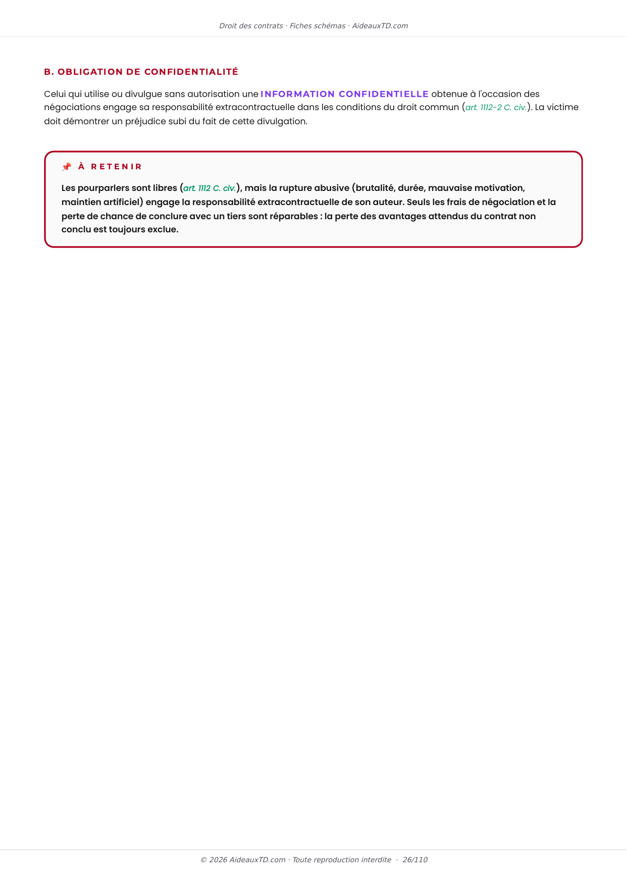 Extrait des fiches schémas de Droit des contrats : fiche n°5, Les pourparlers ou « négociations précontractuelles » (page 4)