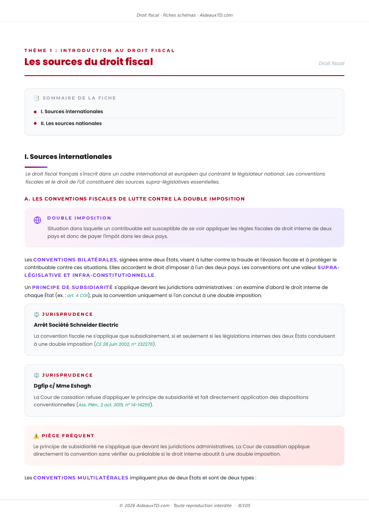 Extrait des fiches schémas de Droit fiscal : fiche n°2, Les sources du droit fiscal (page 1)