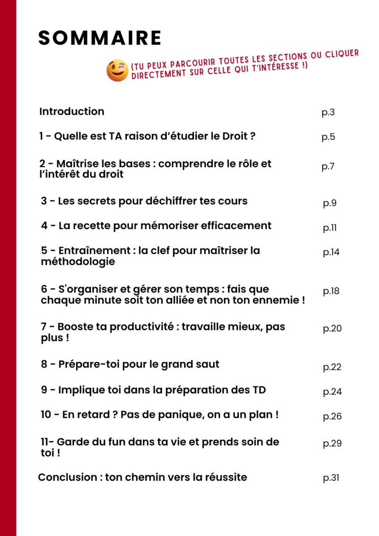 Sommaire du guide : 11 sections, de la motivation à la préparation des TD
