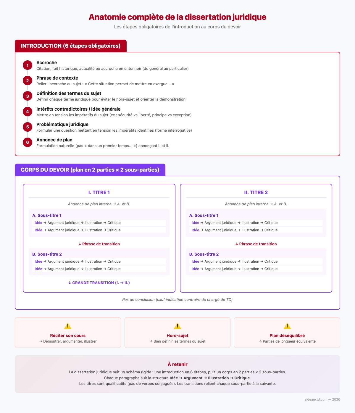 Schéma récapitulatif de la structure complète d’une dissertation juridique : les 6 étapes de l’introduction et le corps du devoir avec sous-parties, transitions et structure Idée-Argument-Illustration-Critique