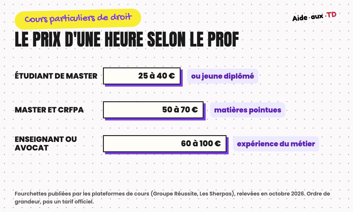 Prix d'une heure de cours particulier de droit : 25 à 40 euros avec un étudiant de master, 50 à 70 euros en master et CRFPA, 60 à 100 euros avec un enseignant ou un avocat