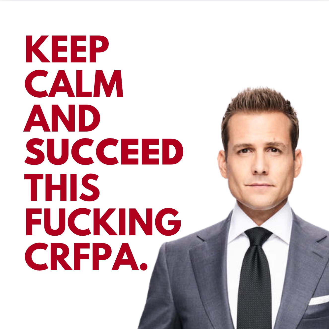 Mème Keep calm and succeed this CRFPA, avec Harvey Specter (Gabriel Macht) dans la série Suits