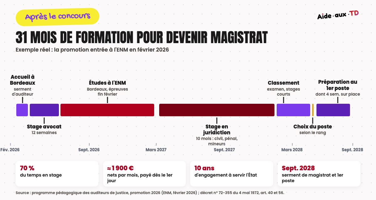 Formation des auditeurs de justice à l'ENM en 31 mois : accueil à Bordeaux, stage avocat de 12 semaines, études à l'ENM, stage en juridiction de 10 mois, classement, choix du poste, préparation au premier poste, puis serment de magistrat