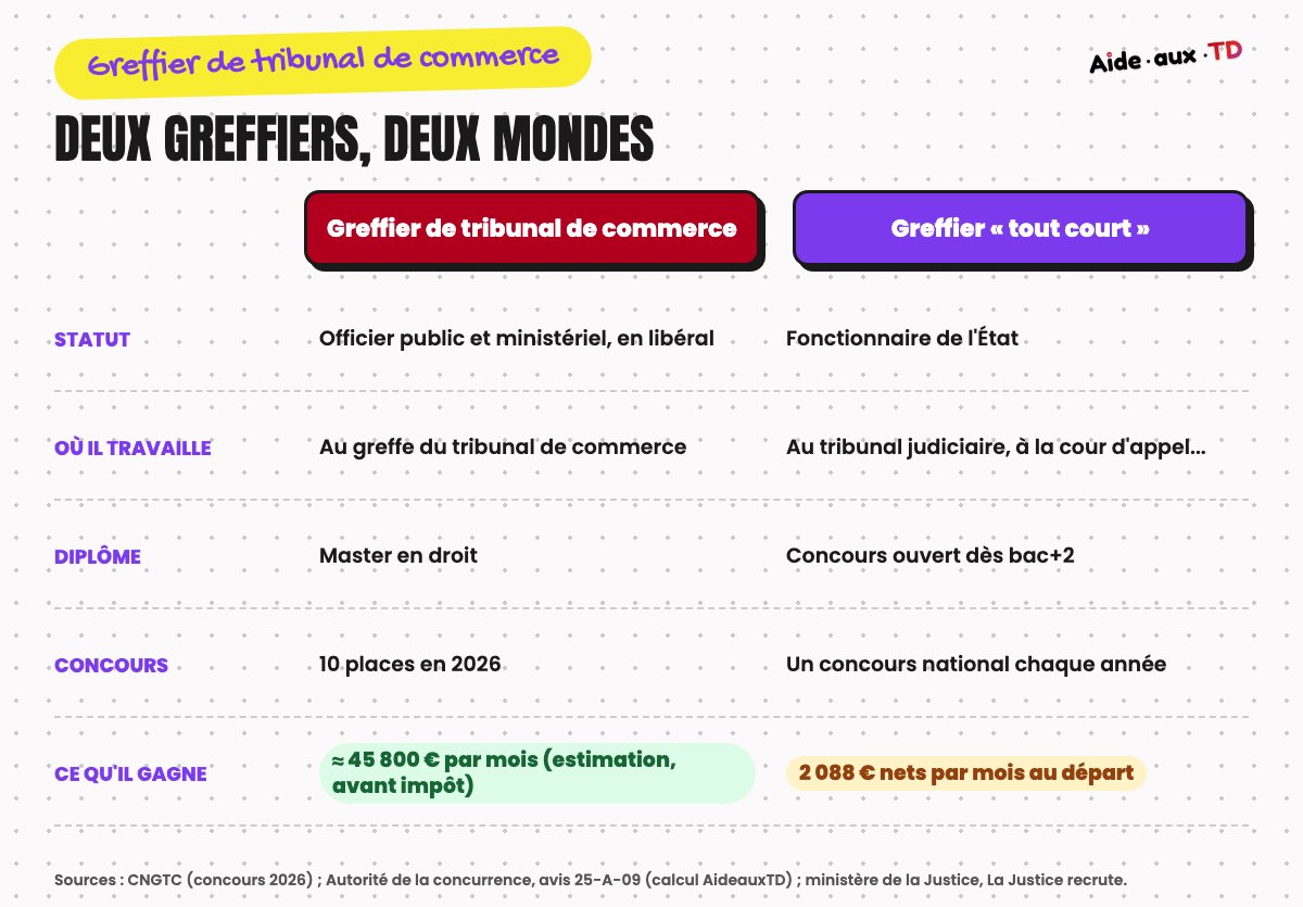 Comparaison entre le greffier de tribunal de commerce, officier public en libéral, et le greffier des services judiciaires, fonctionnaire