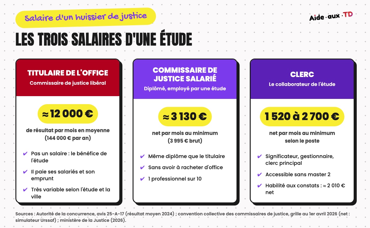 Les trois salaires d'une étude d'huissier : titulaire de l'office, commissaire de justice salarié et clerc, avec leurs revenus nets