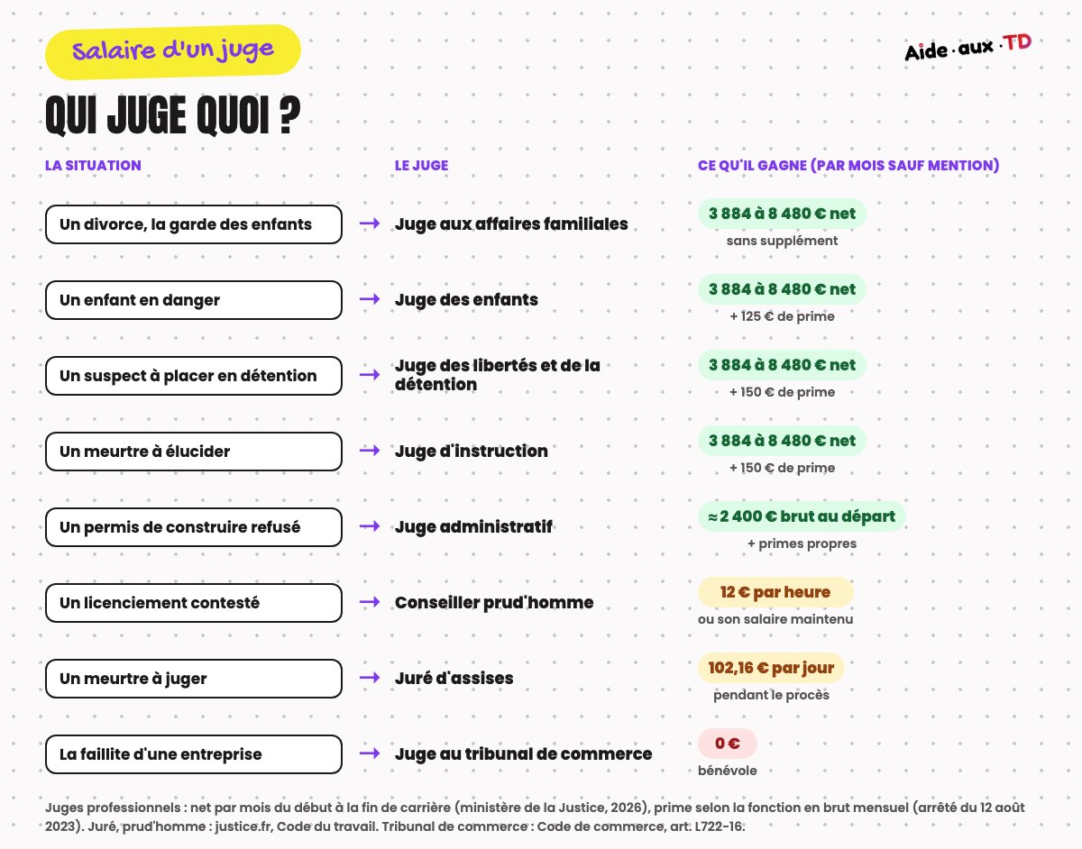 Qui juge quoi : divorce, mineur en danger, détention, licenciement, faillite, permis de construire, et le juge compétent avec son salaire