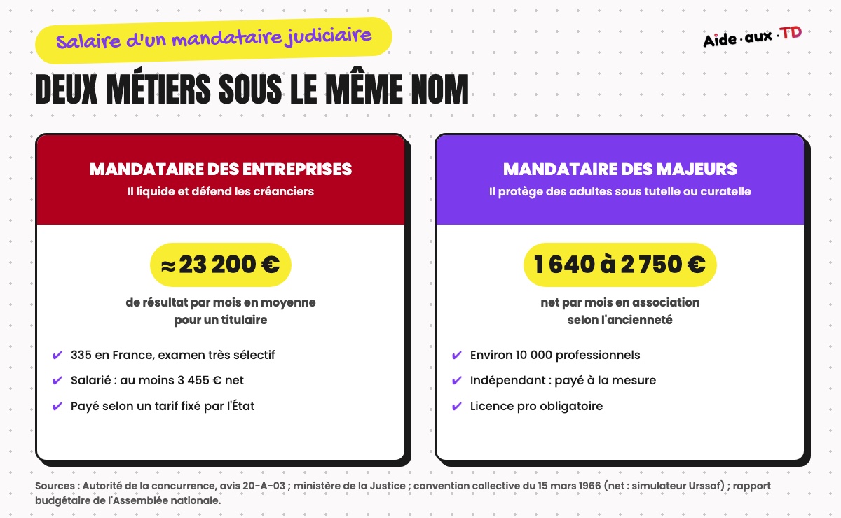Les deux mandataires judiciaires : celui des entreprises en difficulté et celui de la protection des majeurs, avec leurs revenus
