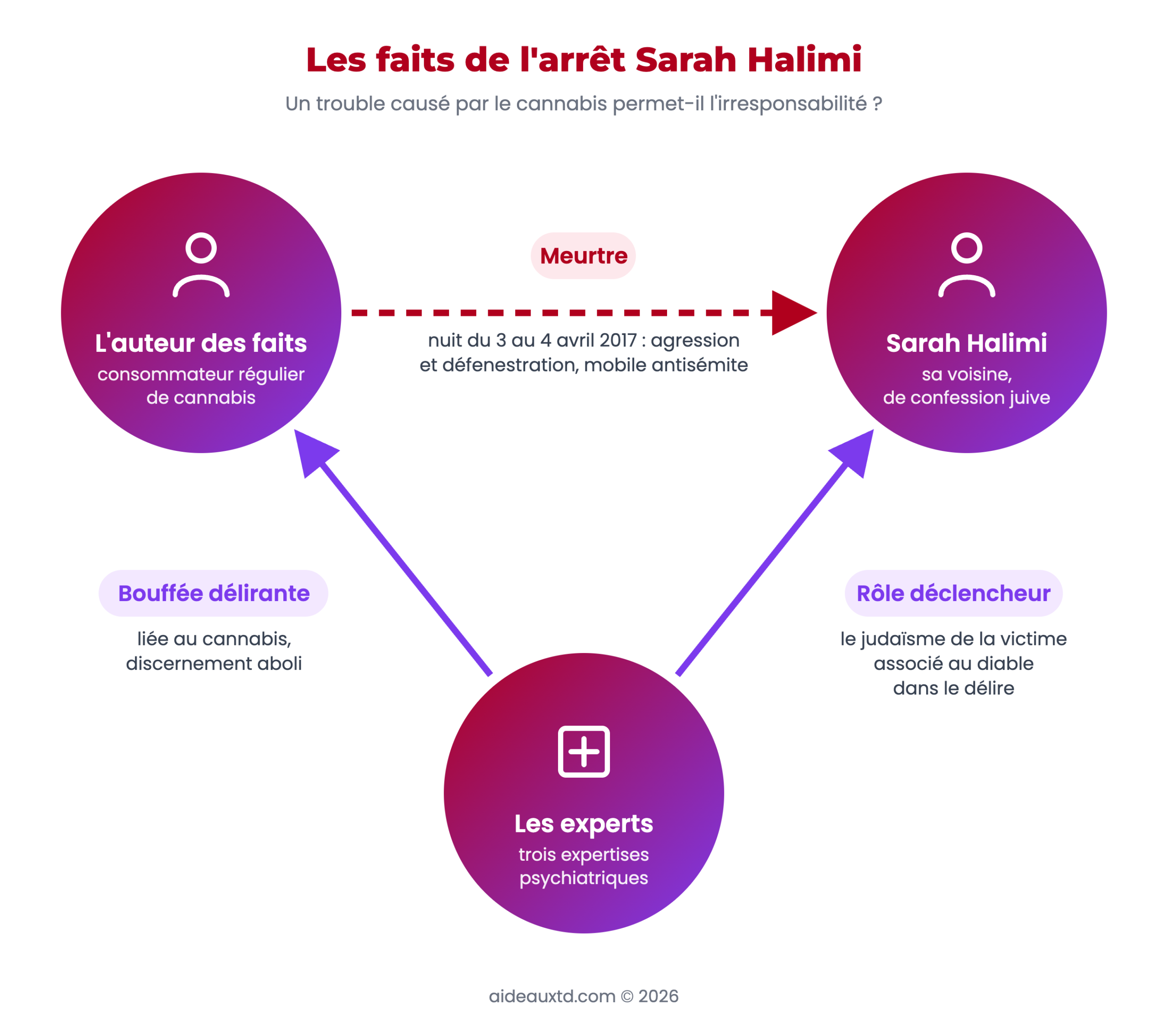 Schéma des faits de l'arrêt Sarah Halimi : l'auteur des faits, en proie à une bouffée délirante liée au cannabis, tue sa voisine Sarah Halimi ; la majorité des experts conclut à l'abolition du discernement