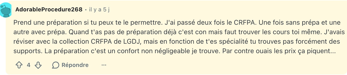 Témoignage Reddit : CRFPA passé une fois sans prépa et une fois avec