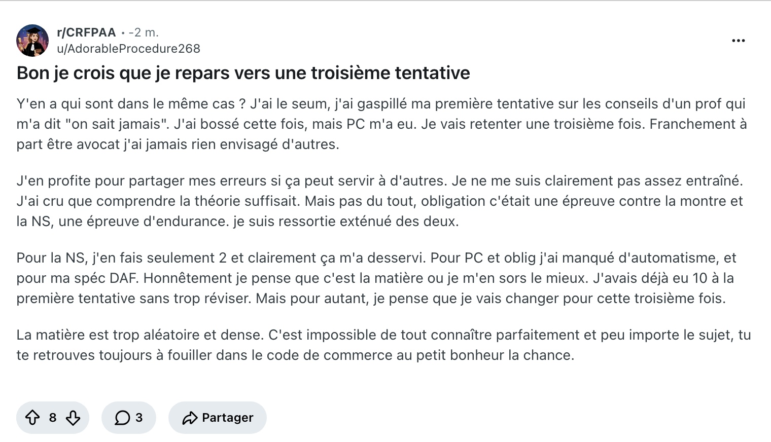 Témoignage Reddit : première tentative gaspillée, échec en procédure civile, troisième tentative à venir