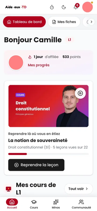 Le tableau de bord sur téléphone