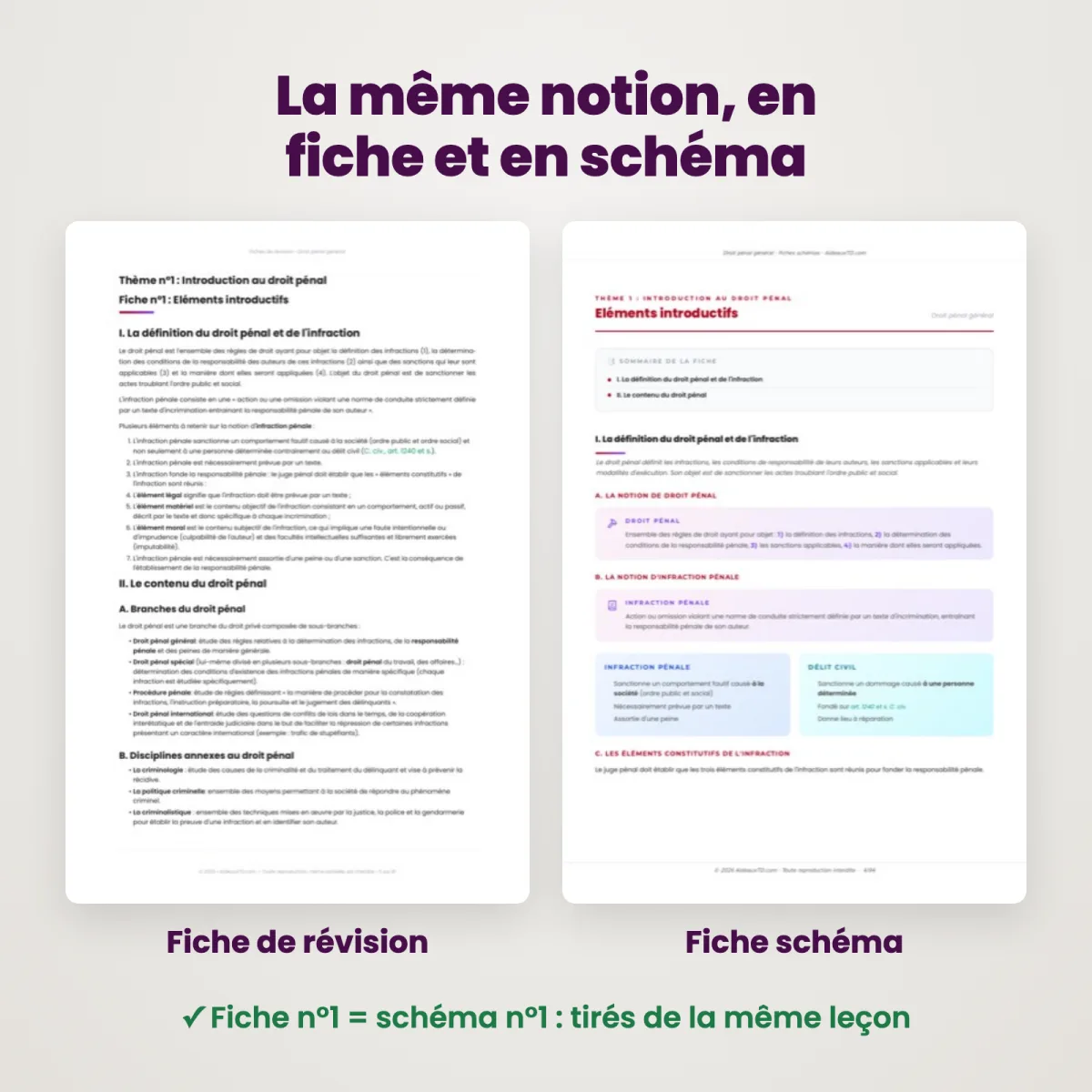 Fiches schémas : Droit pénal général : Fiche et schéma côte à côte